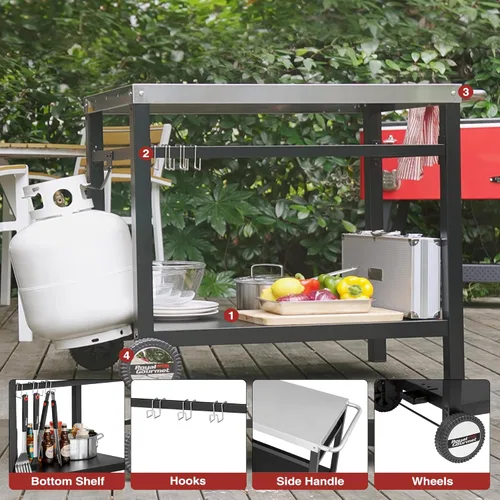 Miniatura 4 de Royal Gourmet Mesa de Carrito de Comedor con Doble Estante, Carrito de Parrilla de Superficie Plana de Acero Inoxidable Móvil, Ganchos, Mango
