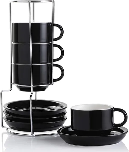 Miniatura 32 de Sweejar - Tazas de café de porcelana con platillos, tazas de capuchino apilables de 4 onzas con soporte de metal para bebidas de café, café