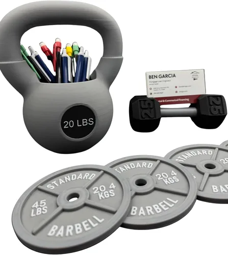 Miniatura 9 de Paquete de accesorios de escritorio con temática de gimnasio, soporte para tarjetas de visita con mancuernas, organizador de bolígrafos con pesas