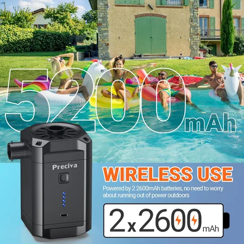 Miniatura 6 de Preciva Bomba de aire eléctrica para inflables, bomba de aire portátil de 4 kPa con 3 boquillas, batería recargable de 5200 mAh, carga rápida USB