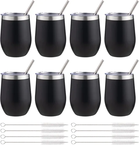 Miniatura 19 de Vaso de vino aislado de 12 onzas con tapa y pajita, vaso de vino de acero inoxidable sin tallo de doble pared, vaso de vino al vacío a granel