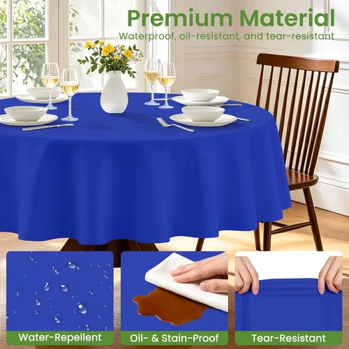 Miniatura 4 de Paquete de 2 manteles redondos desechables color azul oscuro, manteles de plástico para fiestas, 84 x 84 pulgadas, impermeable, para campamento