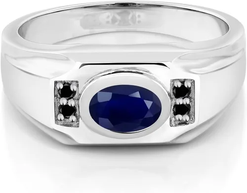 Miniatura 2 de Gem Stone King Anillo de plata de ley 925 con zafiro azul y diamante negro para hombre
