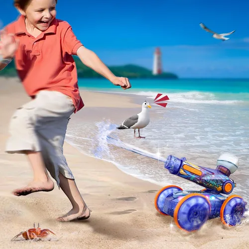 Miniatura 6 de BEZGAR Juguetes de piscina para niños, auto anfibio a control remoto para edades de 6 a 8 años, auto de acrobacias a control remoto con pistola