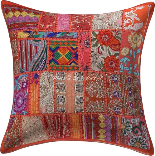 Funda de almohada decorativa india para sofá, sofá, sofá, 17.7 x 17.7 in, algodón, color naranja, abstracto, vintage, retazos, cuadrado, de lujo,