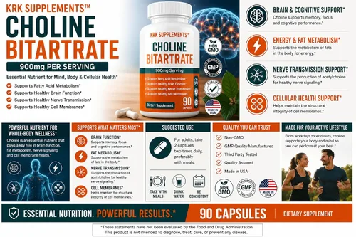 Miniatura 3 de Bitartrato de colina 900 mg por porción 90 cápsulas KRK SUPPLEMENTS
