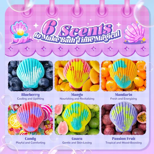 Miniatura 4 de Bombas de baño Shell para niñas, paquete de 12 bombas de baño de aromaterapia seguras para niños con 20 juguetes sorpresa en el interior, 6 aromas