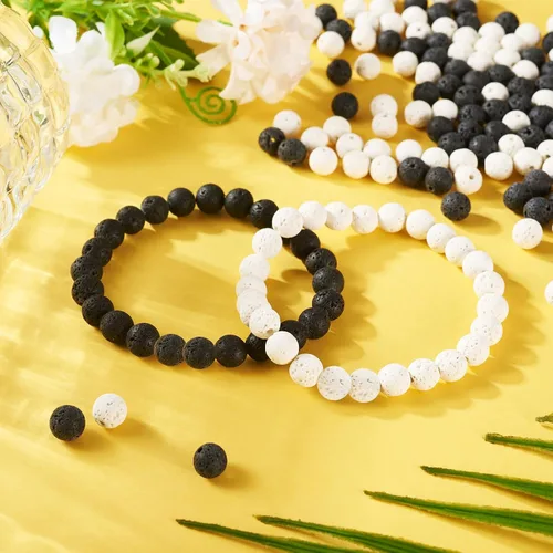 Miniatura 6 de Craftdady 360 cuentas de lava natural de 0.315 pulgadas (0.315 in), cuentas redondas de piedra blanca y negra, cuentas espaciadoras sueltas
