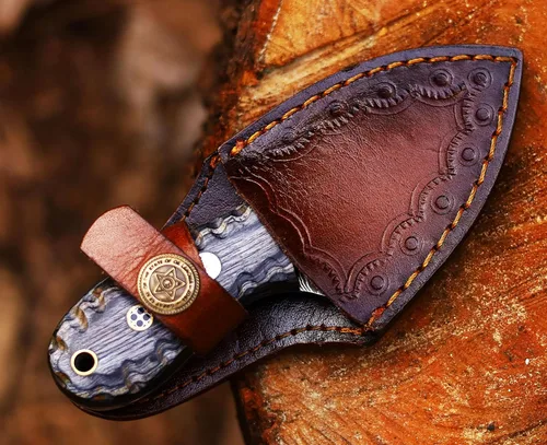 Miniatura 8 de ANCILLA Cuchillo de caza de Damasco hecho a mano EDC para ciervo, hoja fija de espiga completa, mini cuchillo de cuello de vaquero de bolsillo