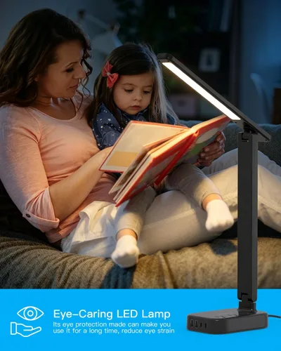 Miniatura 5 de One Beat Pequeña lámpara LED de escritorio, cable de extensión de 5 pies con 3 tomas, 4 puertos USB (2 USB C), 4 modos, lámpara táctil de 5 niveles