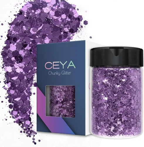 Miniatura 12 de Ceya - Purpurina gruesa, 140 g / 4.9 oz de polvo de purpurina para manualidades, color lila aubergine, con copos finos, lentejuelas iridiscentes 4.9