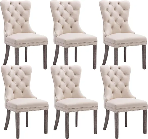 Miniatura 17 de KCC Nikki Collection - Juego de 4 sillas de comedor de terciopelo tapizadas de alta gama con anillo trasero de clavo, patas de madera maciza