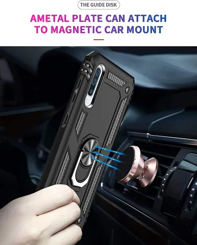 Miniatura 5 de TJS Funda compatible con Samsung Galaxy A50 2019, con protector de pantalla de vidrio templado, anillo de metal, soporte magnético, resistente Negro
