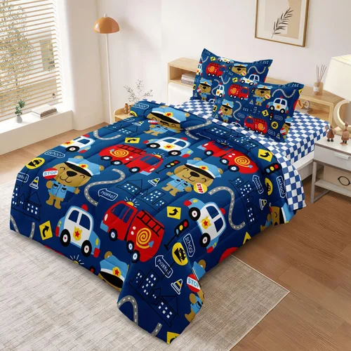 Miniatura 2 de Juego de edredón de carro de policía para niños pequeños, juego de ropa de cama de camión de bomberos y carro de policía, colección de ropa de cama