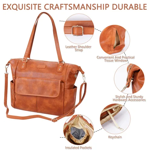 Miniatura 6 de Bolsa de pañales de cuero a la moda con 13 bolsillos para mamá papá, bolsa grande de viaje para bebés para niños y niñas con 3 bolsillos aislados