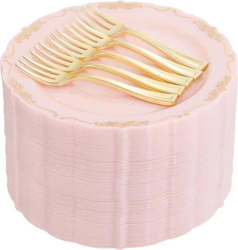 Miniatura 8 de LIYH - 200 platos de postre dorados, 100 platos de aperitivo de 7.5 pulgadas y 100 tenedores de plástico dorados de 5 pulgadas, platos para Oro