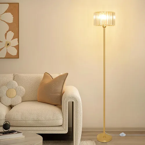 Miniatura 8 de Lámpara de pie dorada HMVPL para sala de estar, lámpara de pie moderna con pantalla de cristal K9, lámpara de pie de latón con interruptor