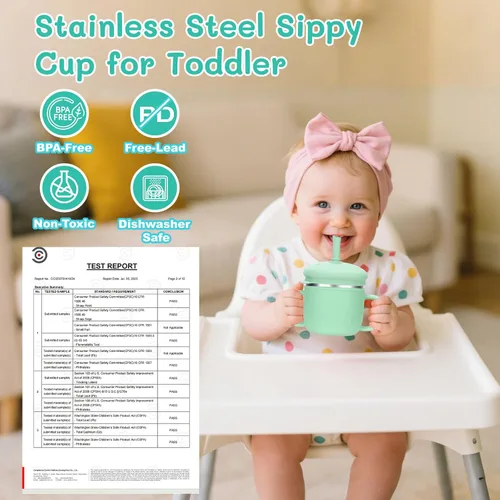 Miniatura 3 de BUSOHA Vasos para sorber de acero inoxidable para niños de más de 6 meses, 3 en 1, taza para sorber de silicona para niños pequeños con cepillo