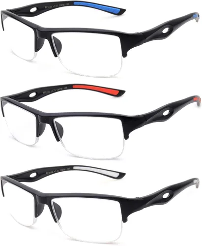 Newbee Fashion - Paquete de 3 gafas de lectura deportivas para hombre, medio marco, 1.00 dioptrías, azul, rojo y blanco