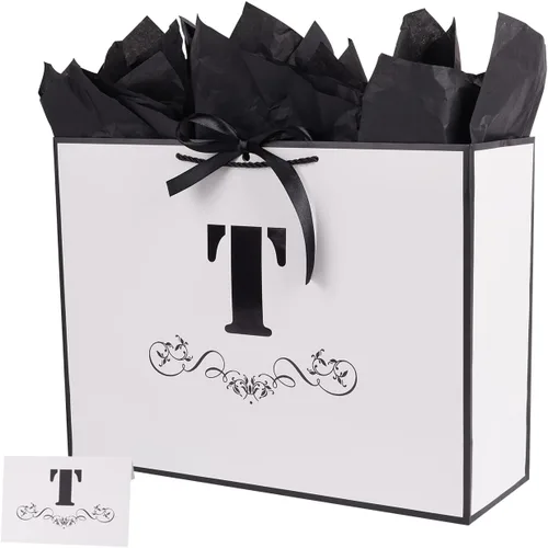 Miniatura 41 de ysmile Bolsa de regalo de letras con papel de seda para hombres, bolsa grande de 12 pulgadas, color blanco y negro, para cumpleaños, aniversario