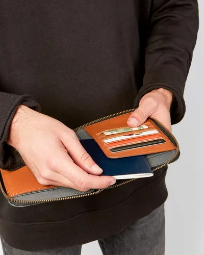 Miniatura 7 de LOCTOTE Soporte para pasaporte RFID Cuero de grano completo y lona de cera impermeable Cartera de pasaporte de viaje Cartera de cuero