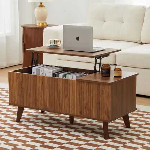 Miniatura 19 de XUZENEST - Mesa de café redonda de 31.5" con almacenamiento, mesa de café de 2 niveles de mediados de siglo moderna con puerta deslizante de tambor