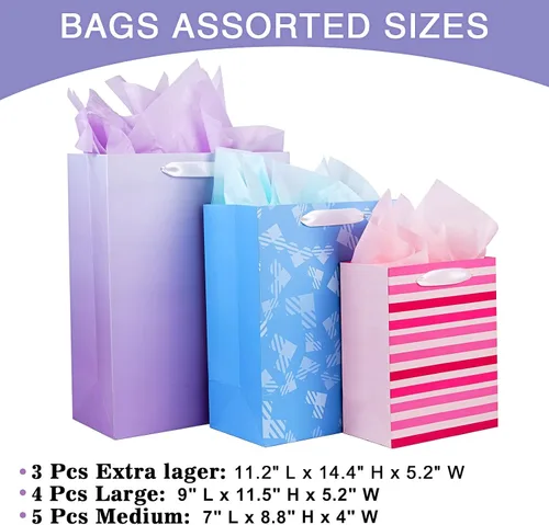 Miniatura 5 de Paquete de 12 bolsas de regalo de varios tamaños y diseños, bolsas de regalo a granel con papel de seda