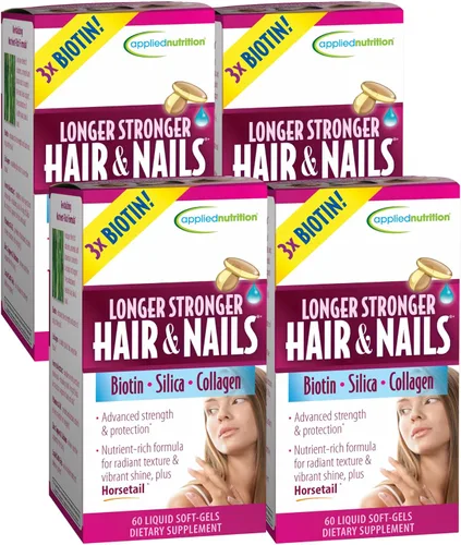 Applied Nutrition Cabello y uñas más fuertes más largas – 60 geles suaves líquidos, paquete de 4 – con biotina, sílice y colágeno – 30 porciones