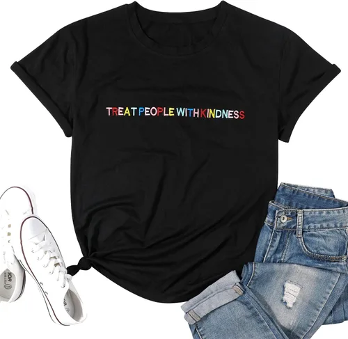 ALLTB Treat People with Kindness - Camisa de mujer con bordado inspirador gráfico para profesoras, camisetas casuales de manga corta positivas,