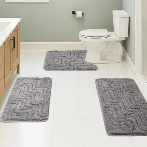 Miniatura 29 de Juego de 3 alfombras de baño suaves y absorbentes, peludas, suaves, antideslizantes, para ducha, bañera y bañera, lavables a máquina