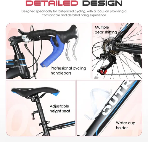 Miniatura 7 de Outroad - Bicicleta de carretera de 14-21 velocidades 700C con marco de aleación de aluminio ligero, bicicleta de viaje con frenos de doble disco/V