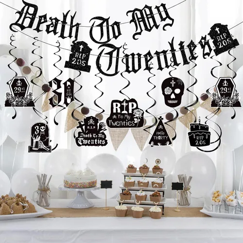 Miniatura 4 de Decoraciones de Death to My 20 – 14 piezas negras para decoración de fiesta de cumpleaños de 30 años, pancarta colgante de remolinos rasgados a mis