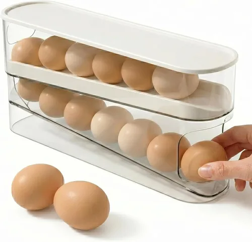 Dispensador automático de huevos para refrigerador, organizador de huevos para refrigerador que ahorra espacio y almacenamiento con tapa, bandeja de