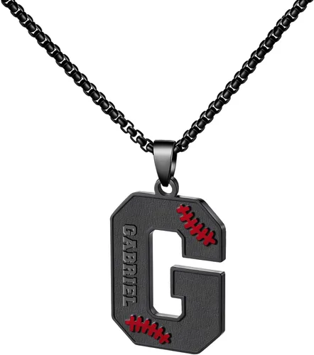 Miniatura 53 de Ldurian Collar personalizado con nombre de béisbol, cadena negra de acero inoxidable, collar con nombre deportivo, letra A-Z de 24 pulgadas, regalos