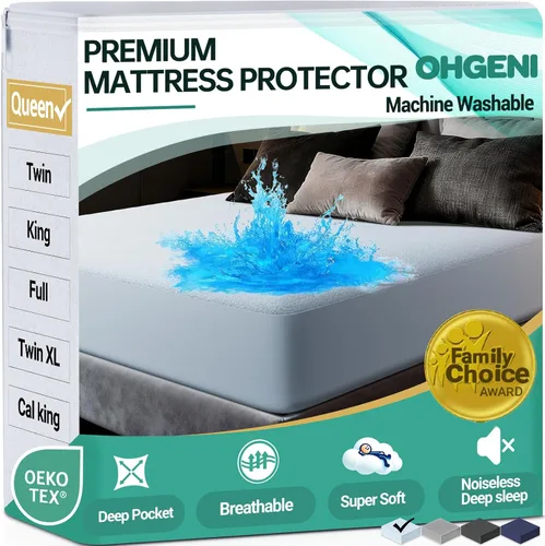 Miniatura 16 de OhGeni Protector de colchón 100% impermeable, tamaño Queen Beige, sábana bajera con bolsillos profundos, 6''-18'', material suave transpirable sin