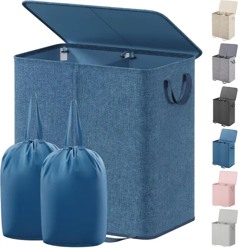 Miniatura 18 de Lifewit Cesta de lavandería doble con tapa y bolsas de lavandería extraíbles, gran plegable, 2 divisores, cesta de ropa sucia con asas para Negro