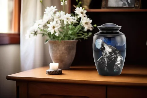 Miniatura 7 de Urna de cremación de lobos de medianoche – 3 lobos aullando a la luna – Urna de lobo de tamaño completo para cenizas humanas de hasta 210 libras
