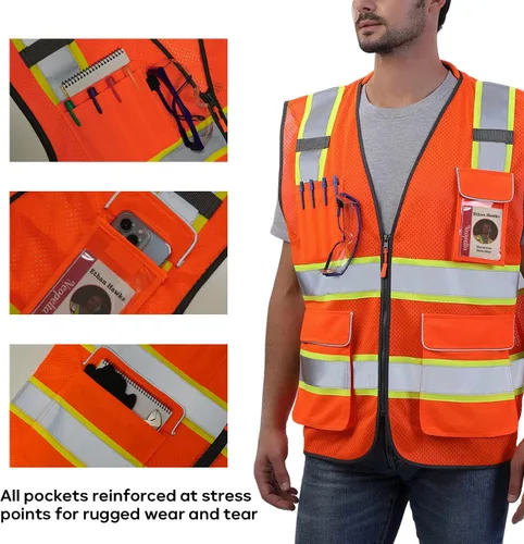 Miniatura 4 de Chaleco de Seguridad Reflectante Neopelta Naranja de Malla, Chaleco de Alta Visibilidad con Bolsillos y Cremallera, Cuello Acolchado, Chaleco
