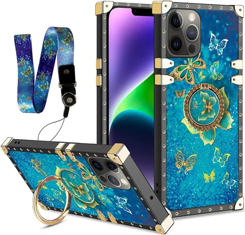 Miniatura 9 de nancheng Funda para iPhone 15, diseño de flor de mariposa azul, TPU suave, a prueba de golpes, con soporte de anillo y cordón a juego, elegante