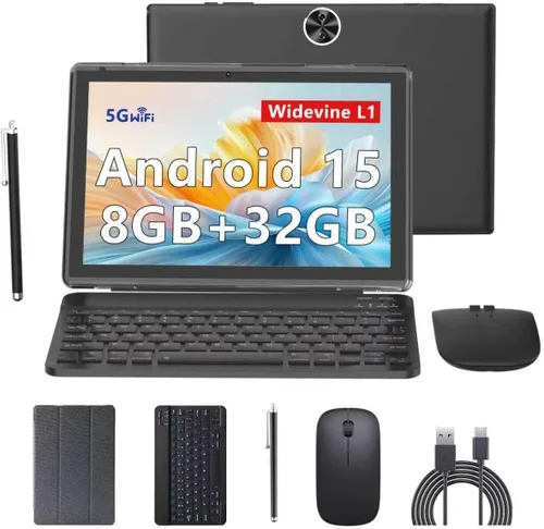 Android 15 Tablets 10 pulgadas, 2 en 1 Tablet con funda para teclado, 8GB+32GB ROM/1TB, Quad Core, pantalla táctil HD, Dual Carema, juegos, Wi-Fi,