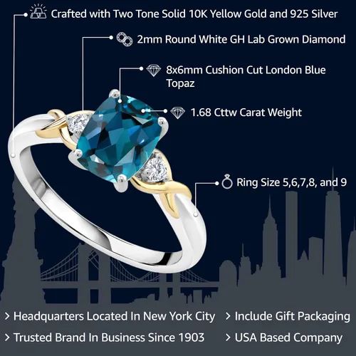 Miniatura 33 de Gem Stone King Anillo de compromiso de 3 piedras preciosas de plata 925 y oro amarillo de 10 quilates de 0.315 x 0.236 in de talla cojín y diamante