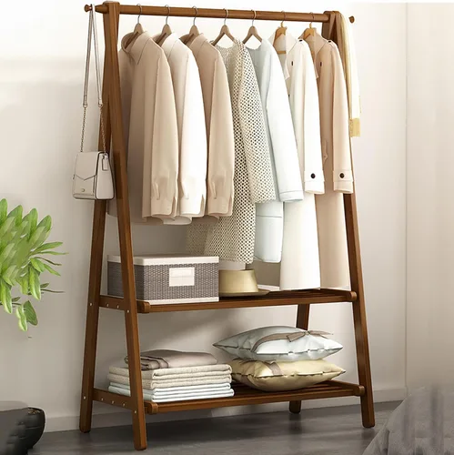Miniatura 7 de Perchero de bambú portátil plegable con estantes de almacenamiento y riel de ropa colgante para entrada, dormitorio, espacios pequeños