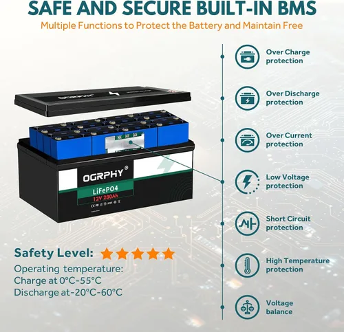 Miniatura 3 de OGRPHY - Batería LiFePO4 de 3584Wh 280Ah de litio con BMS de 200A, celda de batería de iones de litio de grado A de 2000-5000 ciclos profundos