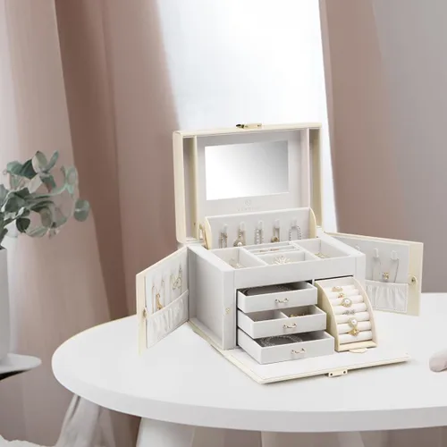 Miniatura 6 de Vlando Organizador de joyero con espejo, caja de almacenamiento de joyería de cuero, collares, aretes, anillos, soportes, relojes, caja