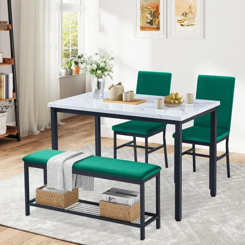 Juego de mesa de comedor para 4, juego de mesa de cocina de mármol sintético de 47.2 pulgadas con sillas y banco tapizados de terciopelo, juego de