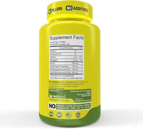 Miniatura 7 de Herbtonics Aceite de pescado Omega 3 de 1250 mg – Alto EPA 450 mg + DHA 300 mg para la salud del corazón y el cerebro Triple fuerza, sabor a limón