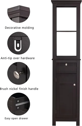 Miniatura 5 de Spirich Gabinete de almacenamiento delgado para baño, armario alto y estrecho con puerta y estantes, torre de lino independiente (espresso)