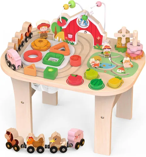 Mesa de actividades de granja de madera para niños de 1, 2, 3 años, juguete de aprendizaje Montessori con laberinto de cuentas, clasificador de