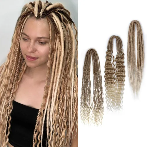 Miniatura 43 de Extensiones de rastas trenzadas bohemias de 24 pulgadas, 10 hebras de rastas sintéticas rizadas color marrón degradado con trenza de caja, rastas