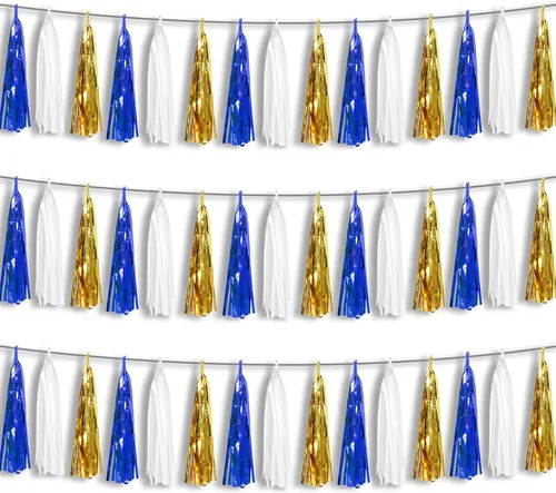3P Guirnalda de borlas metálicas con flecos de oro blanco y azul marino, banderines de borlas para desfiles, despedidas de soltera, bodas, Azul Oro